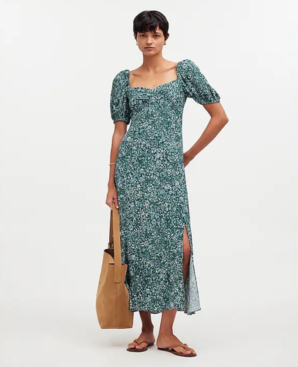 Madewell Puff Sleeve Sweetheart Midi Dress Green Ditsy Floral Viscose US 00 NWT